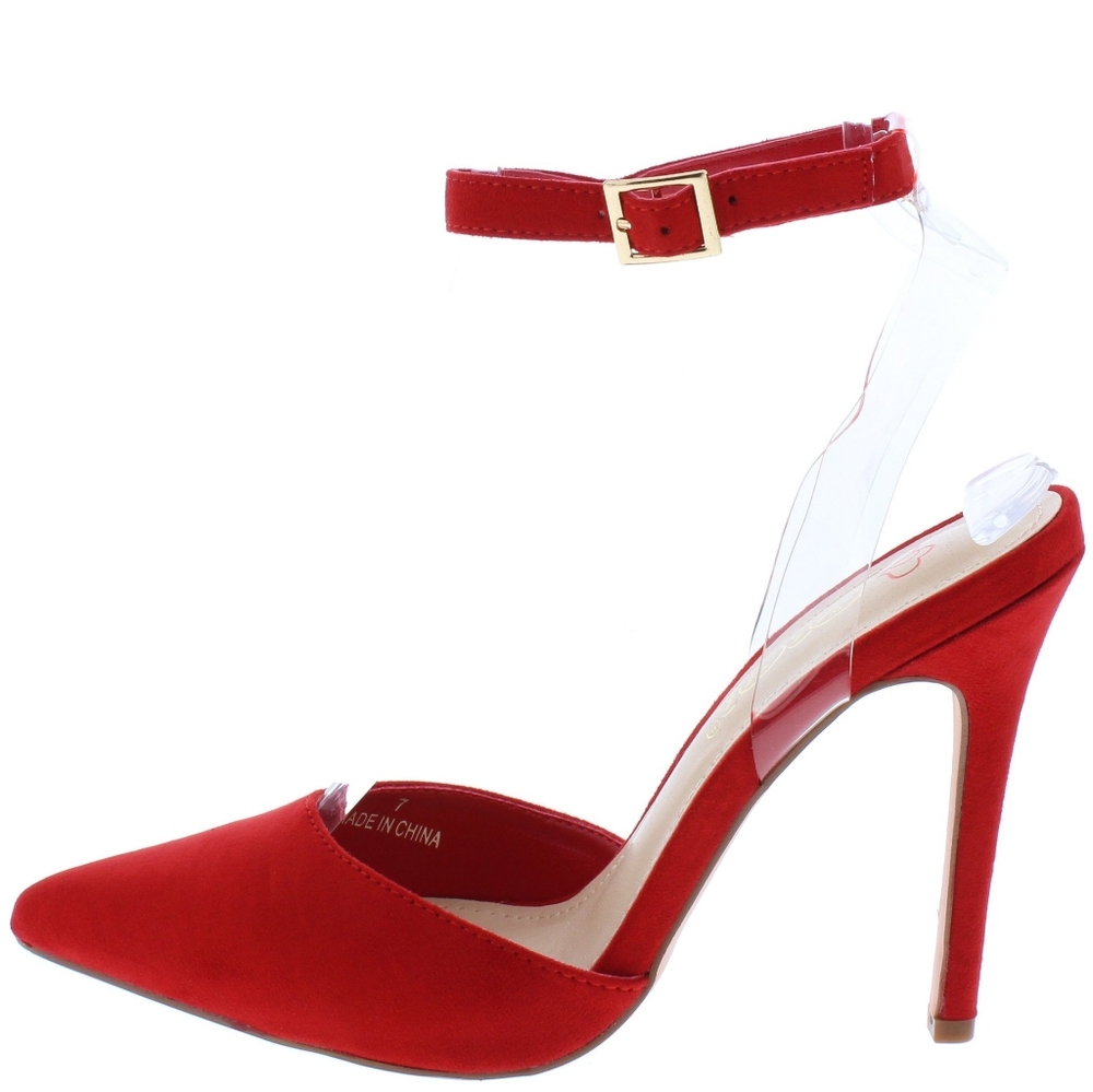 Red Pointed Toe Lucite Ankle Strap Stiletto Heel
